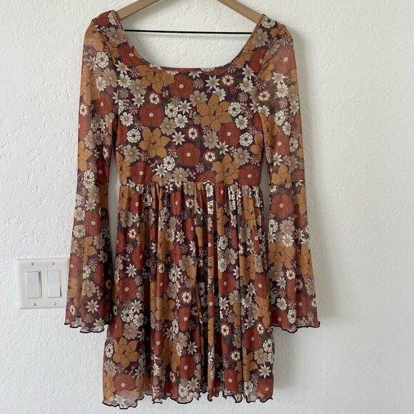 Womens Boho Milkmaid Dress Size M Brown Bell Sleeve Cottagecore Hippie Floral - Picture 2 of 16